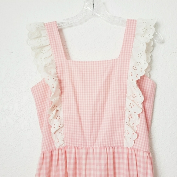 70s Vintage Pink Lace Gingham Boho Prairie Dress - Picture 3 of 8